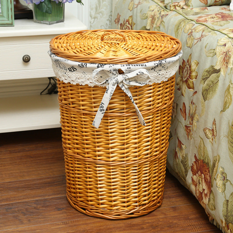 Rattan Round Storage Basket with Lid - Woven Dirty Clothes & Toy Organizer