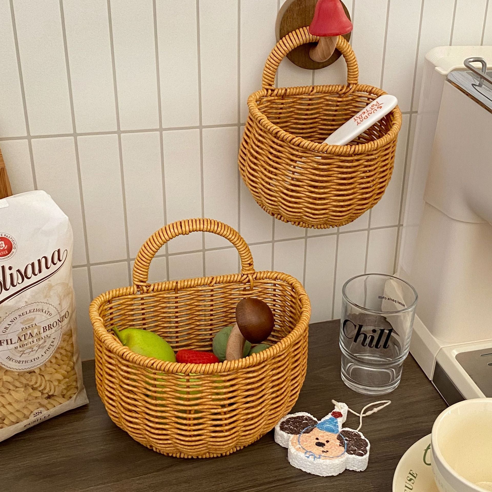 Portable Rattan Wall-Mounted Storage Basket - Small Fruit & Vegetable Woven Storage Basket