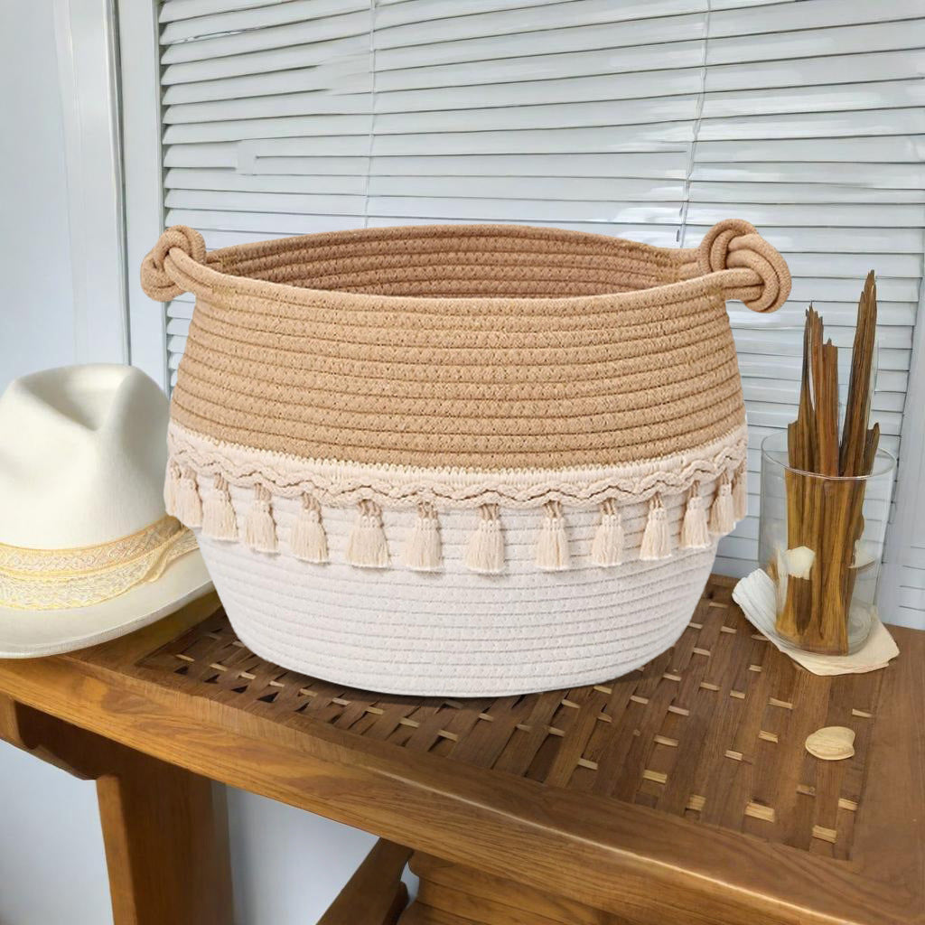 Cotton Rope Woven Storage Basket - Round Laundry, Dirty Clothes & Toy Organizer with Tassels
