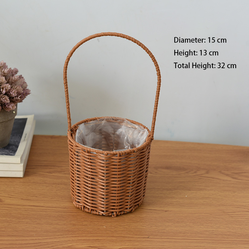 Hand-Woven Retro Flower Basket - Portable Picnic Storage Basket with Iron Frame for Flowers & Green Plants