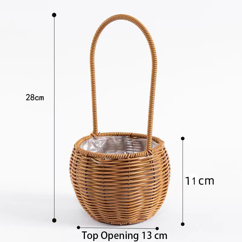 Hand-Woven Retro Flower Basket - Portable Picnic Storage Basket with Iron Frame for Flowers & Green Plants