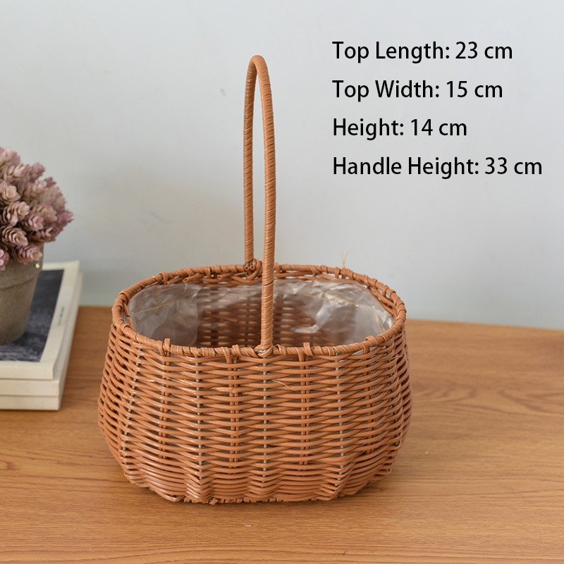 Hand-Woven Retro Flower Basket - Portable Picnic Storage Basket with Iron Frame for Flowers & Green Plants