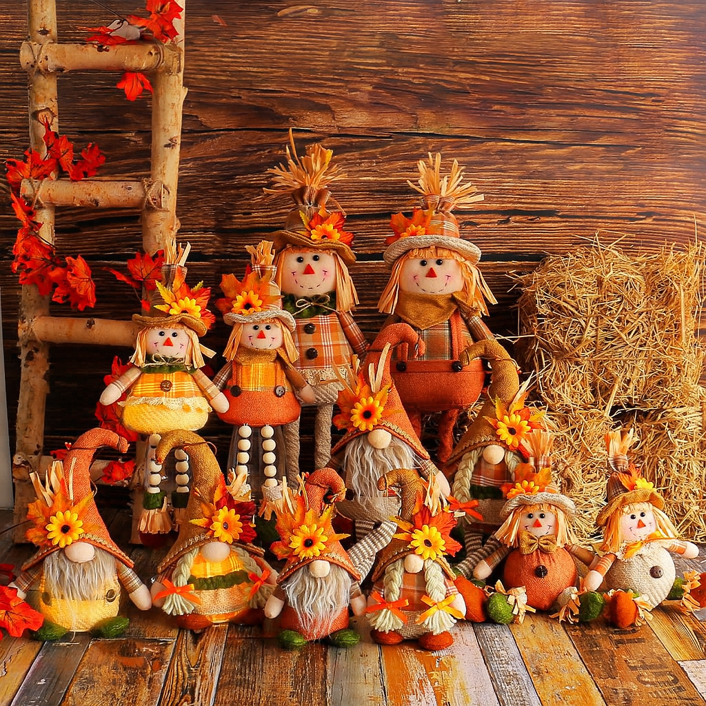 Scarecrow Doll Series Ornaments – Harvest Season Gnome & Dwarf Decorations with Maple Leaf & Straw Hat