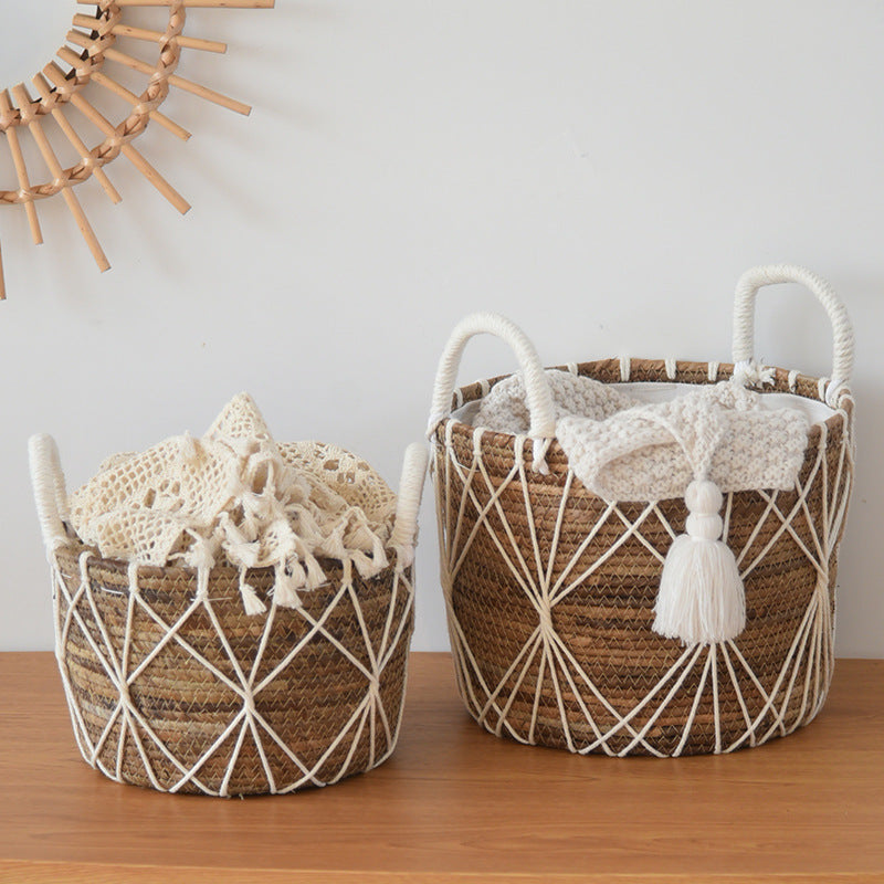 Straw Woven Dirty Clothes Storage Basket - Toy & Sundries Organizer with Cloth Lining for Home Décor