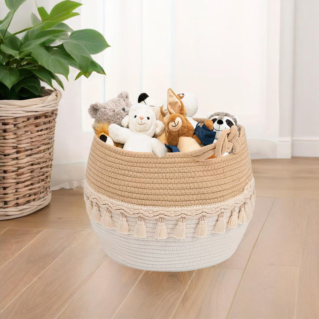 Cotton Rope Woven Storage Basket - Round Laundry, Dirty Clothes & Toy Organizer with Tassels