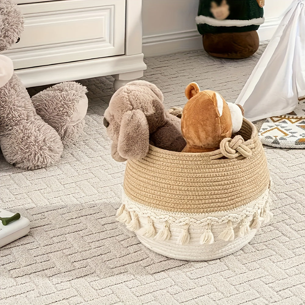 Cotton Rope Woven Storage Basket - Round Laundry, Dirty Clothes & Toy Organizer with Tassels