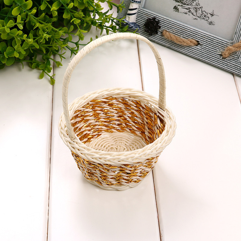 "Imitation Rattan Hand-Woven Storage Basket - Gold & Silver Plastic Tube Portable Home Décor Basket