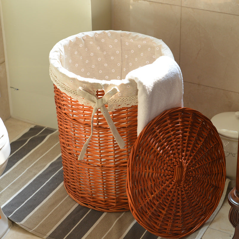Rattan Round Storage Basket with Lid - Woven Dirty Clothes & Toy Organizer