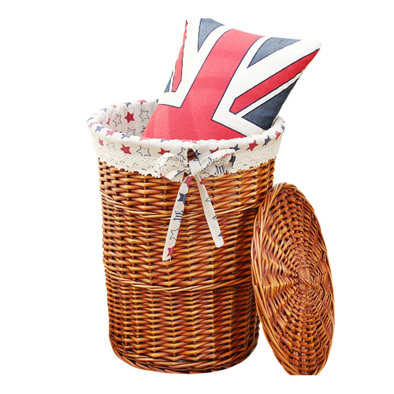 Rattan Round Storage Basket with Lid - Woven Dirty Clothes & Toy Organizer