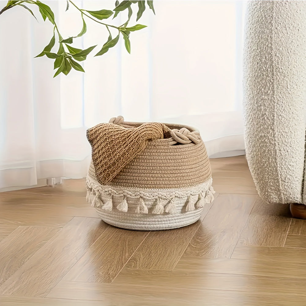 Cotton Rope Woven Storage Basket - Round Laundry, Dirty Clothes & Toy Organizer with Tassels