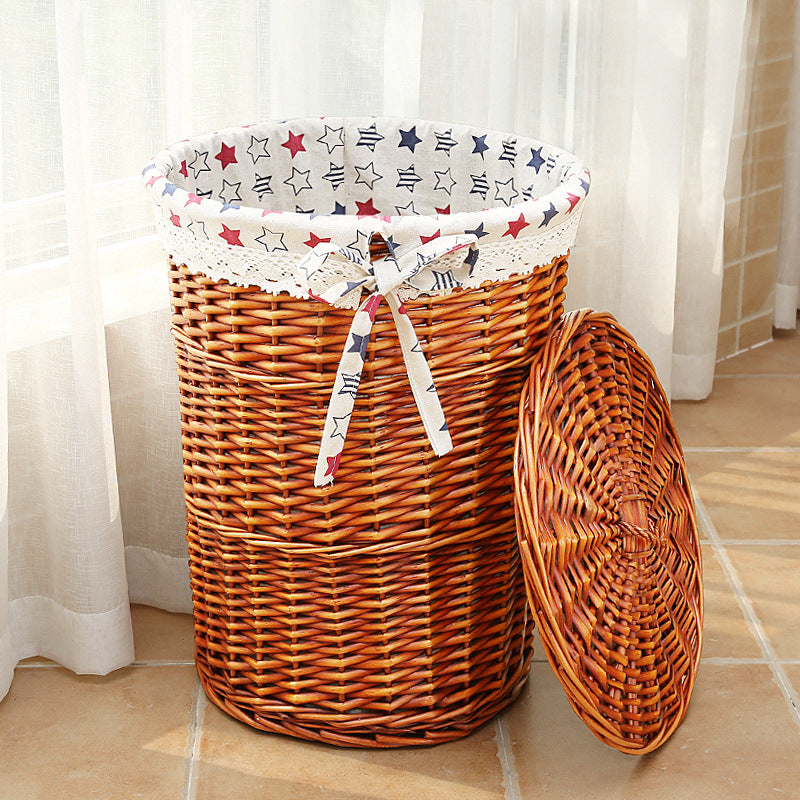 Rattan Round Storage Basket with Lid - Woven Dirty Clothes & Toy Organizer