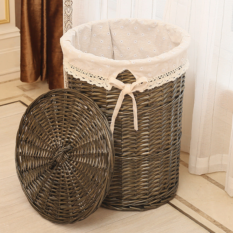 Rattan Round Storage Basket with Lid - Woven Dirty Clothes & Toy Organizer