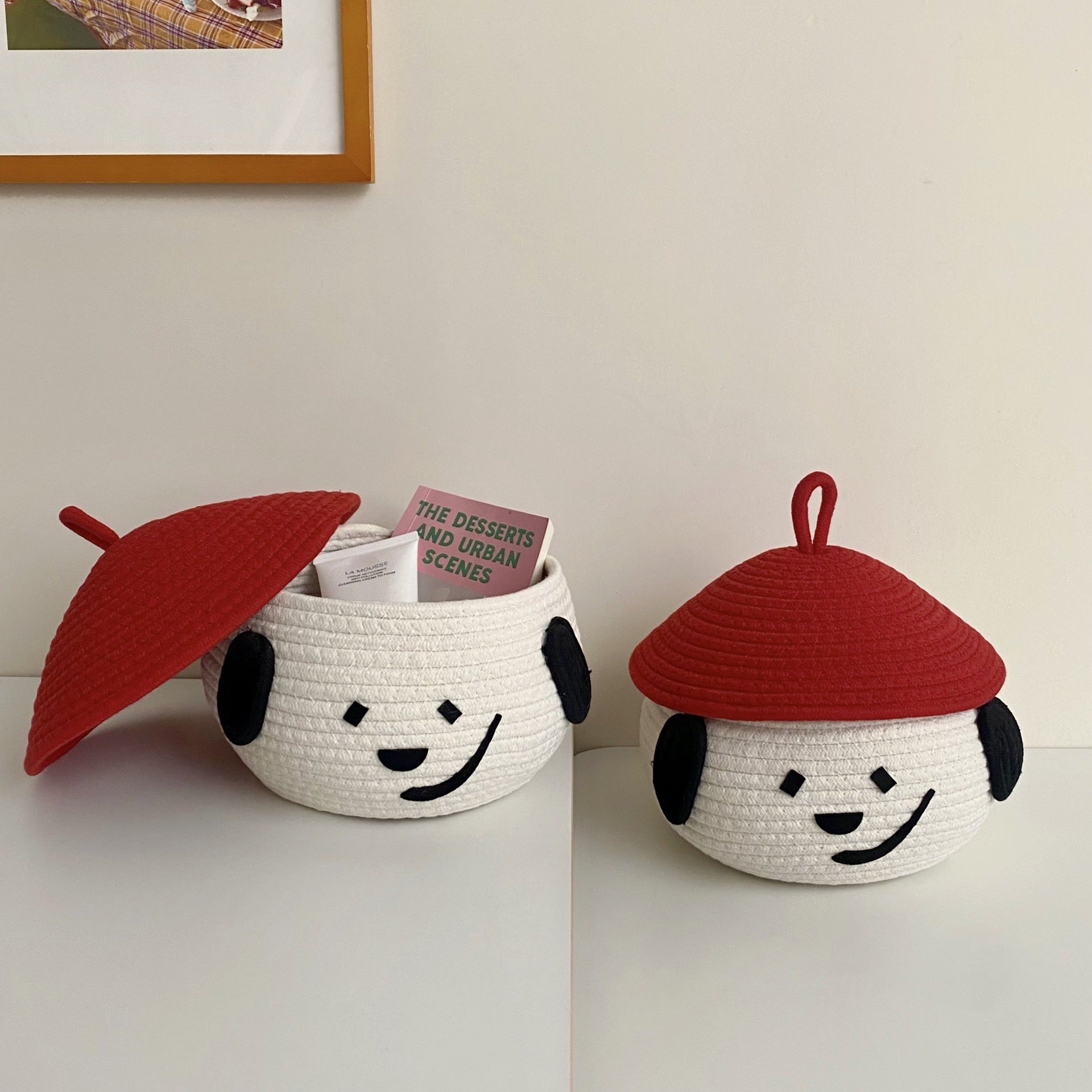 Cute Crooked Mouth Cotton Wire Basket with Lid - Woven Storage Basket for Sundries & Desktop Ornaments