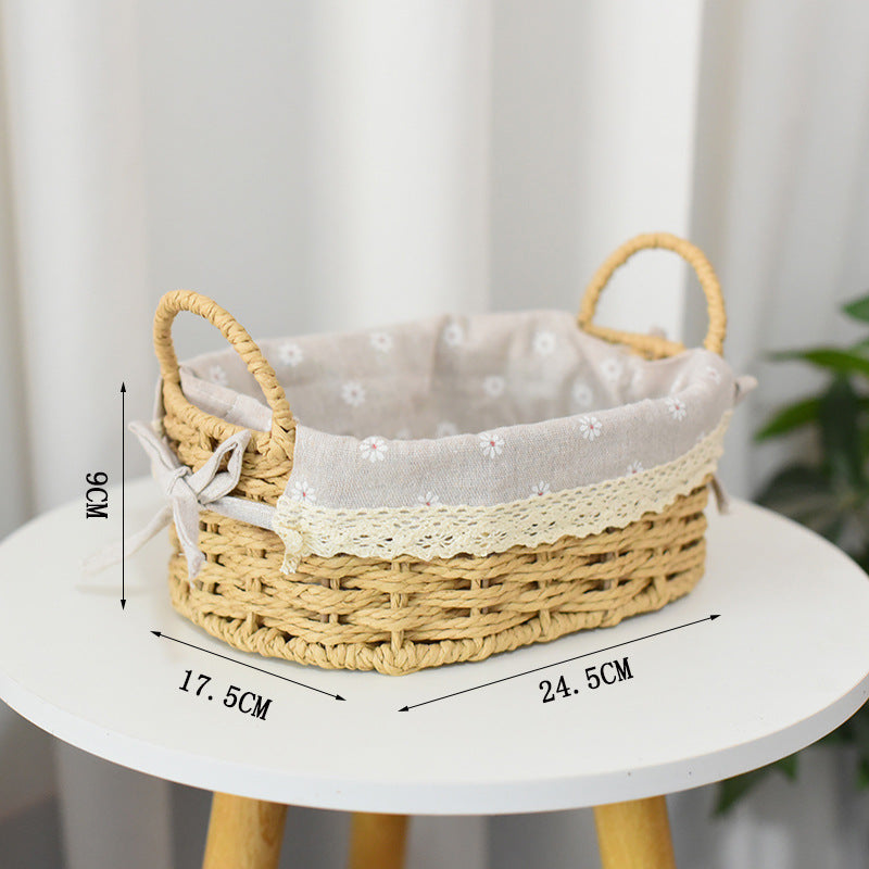 Desktop Woven Cosmetic Storage Basket with Handle - Coffee Table Straw Rattan Basket for Toys & Sundries