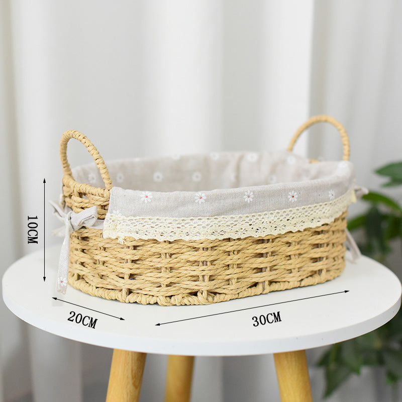 Desktop Woven Cosmetic Storage Basket with Handle - Coffee Table Straw Rattan Basket for Toys & Sundries
