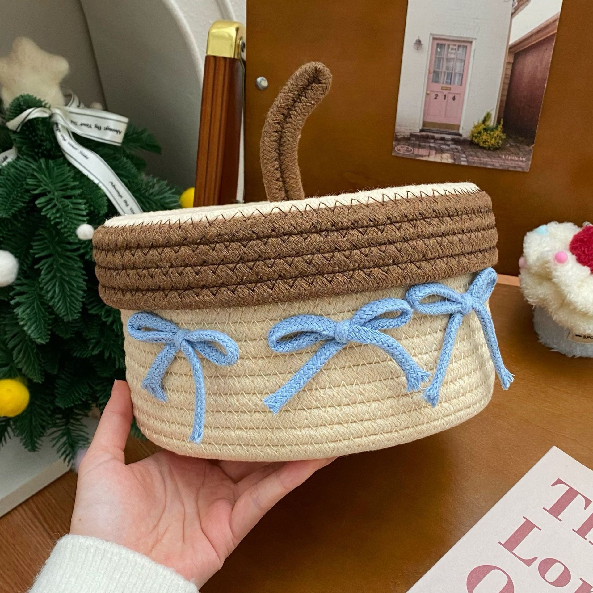 Cute Crooked Mouth Cotton Wire Basket with Lid - Woven Storage Basket for Sundries & Desktop Ornaments
