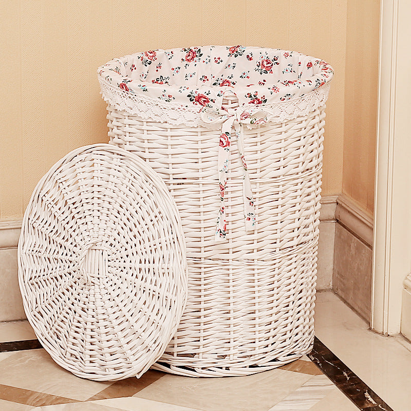 Rattan Round Storage Basket with Lid - Woven Dirty Clothes & Toy Organizer