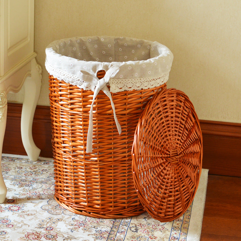 Rattan Round Storage Basket with Lid - Woven Dirty Clothes & Toy Organizer