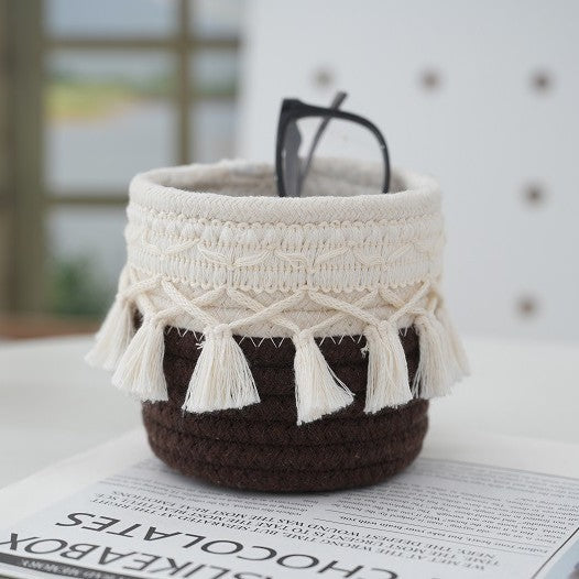 Retro Tassel Cotton Rope Storage Basket – Creative Desktop Organizer & Pen Holder