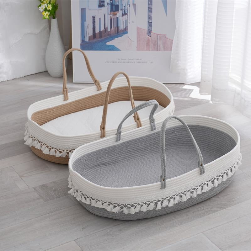 Tassel Baby Cradle Basket – Cotton Rope Woven Sleeping & Diaper Storage Basket