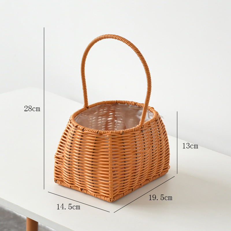 Hand-Woven Retro Flower Basket - Portable Picnic Storage Basket with Iron Frame for Flowers & Green Plants