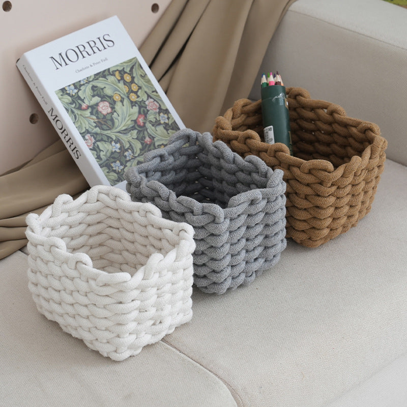 Japanese-Style Cotton Rope Storage Basket – Fabric Desktop Organizer for Cosmetics & Sundries