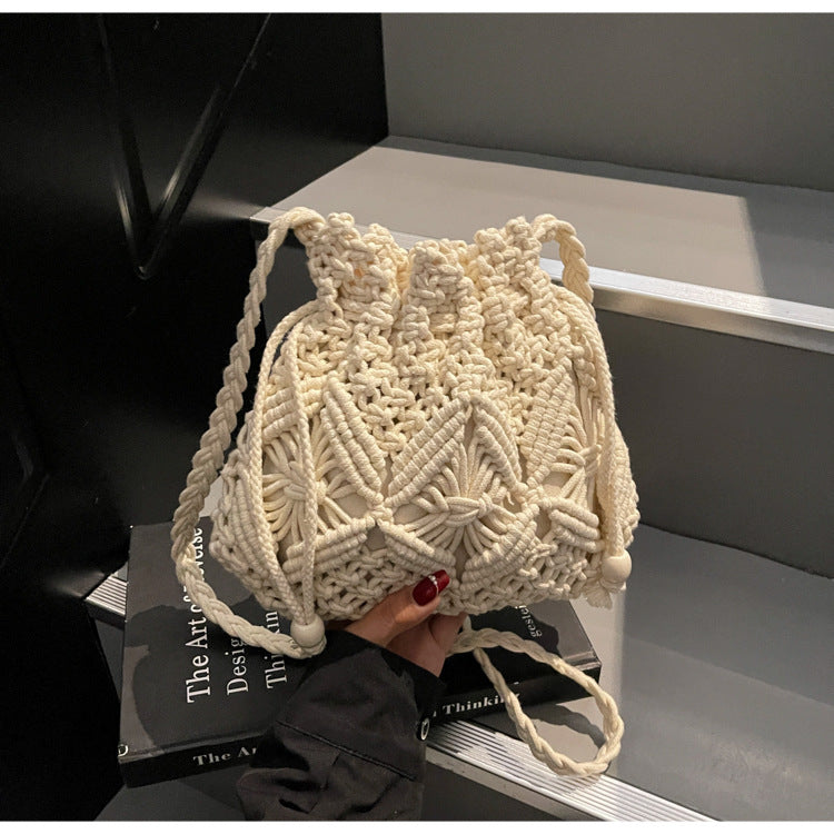 Handmade Woven Bucket Bag – Summer Beach Bag for Women in Forest & INS Style