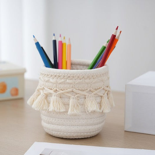 Retro Tassel Cotton Rope Storage Basket – Creative Desktop Organizer & Pen Holder
