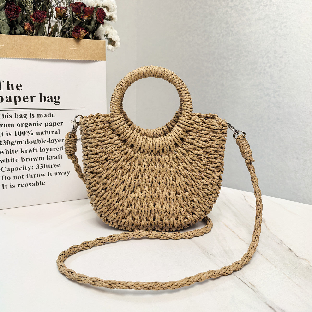 Handmade Straw Shoulder Bag – Solid Color Casual Handbag for Women