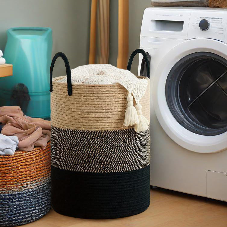 Cotton rope woven basket dirty clothes basket laundry basket sundries toy storage organization double handle high round