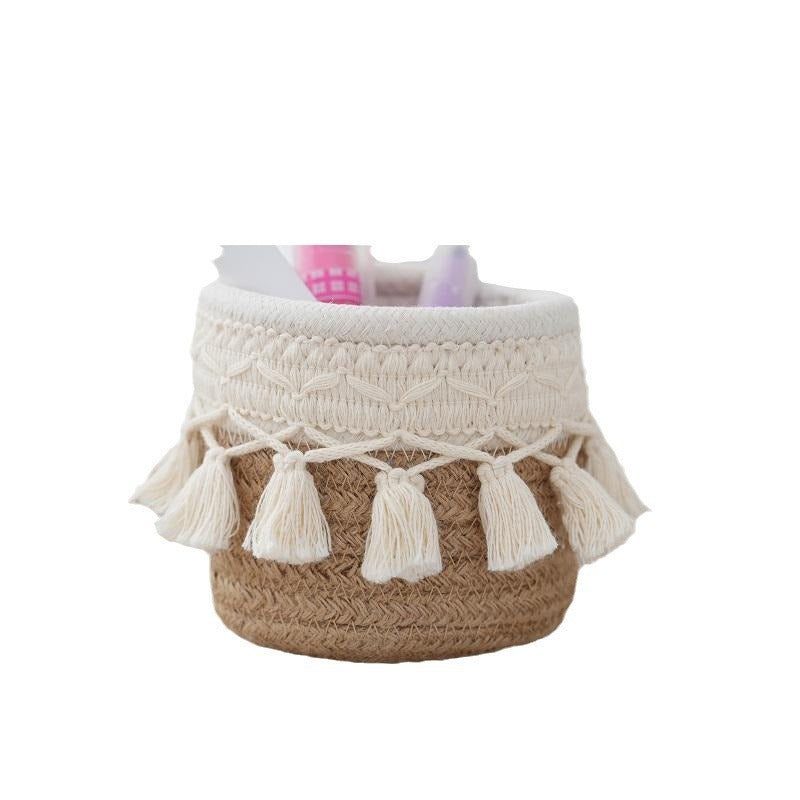 Retro Tassel Cotton Rope Storage Basket – Creative Desktop Organizer & Pen Holder