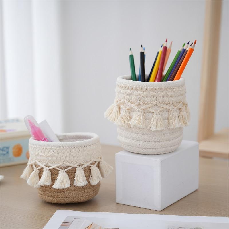 Retro Tassel Cotton Rope Storage Basket – Creative Desktop Organizer & Pen Holder