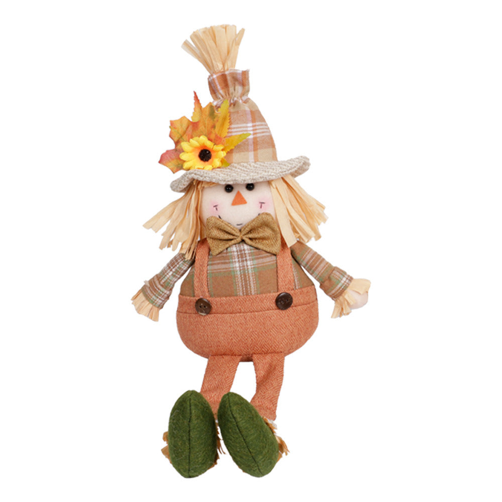 Harvest Scarecrow Doll – Long-Legged Fall Ornament with Sunflower & Maple Leaf