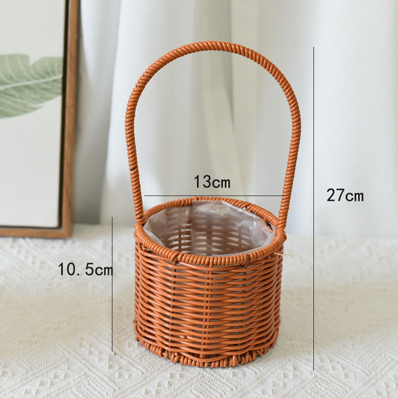 Hand-Woven Retro Flower Basket - Portable Picnic Storage Basket with Iron Frame for Flowers & Green Plants