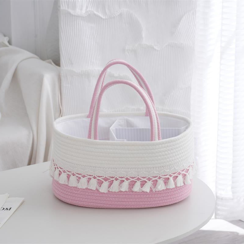 Baby Diaper Storage Basket – Hand-Woven Toy Organizer with Tassel & Detachable Compartments