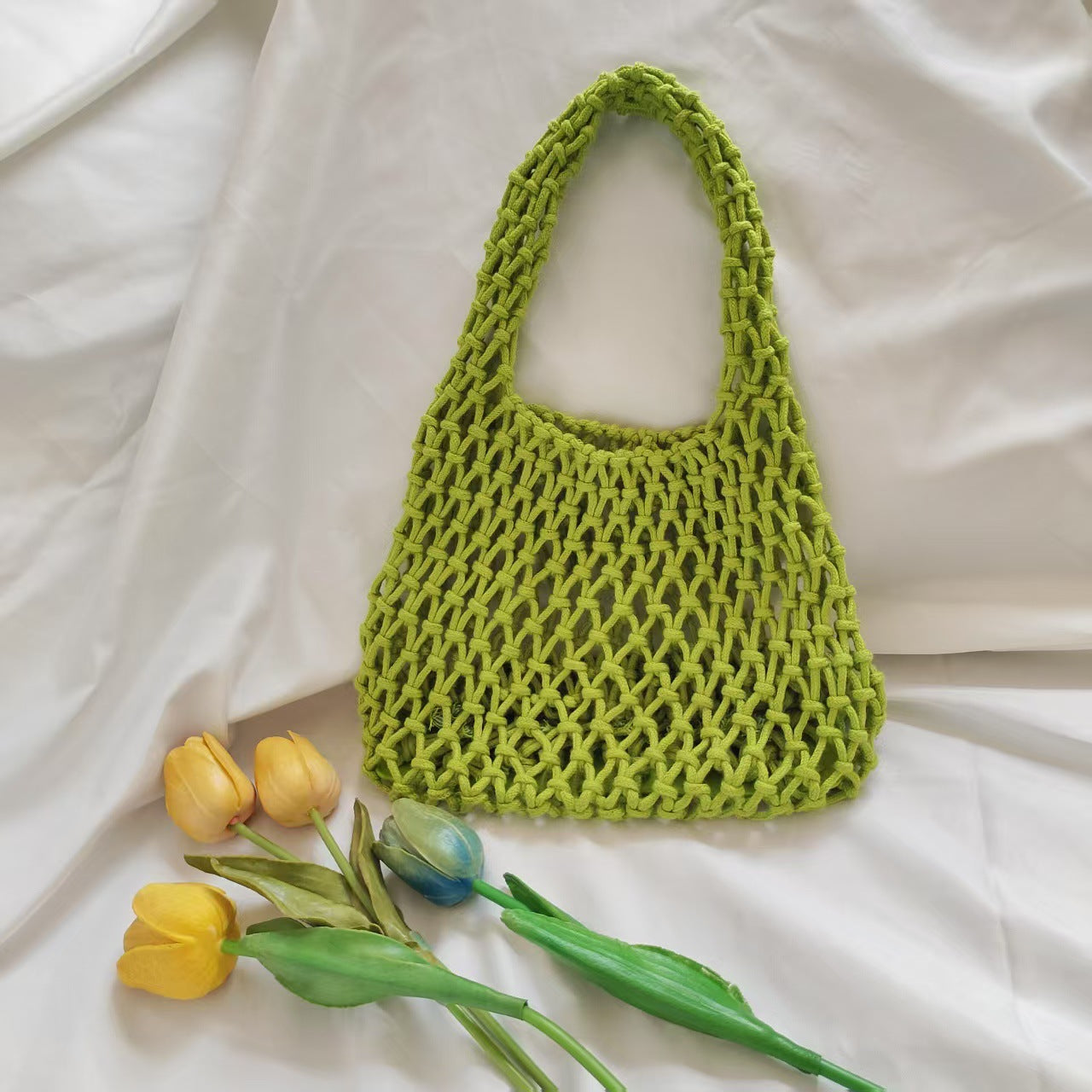 Hand-Woven Cotton Rope Hollow Bag – INS Style Colorful Handbag for Photos & Daily Use