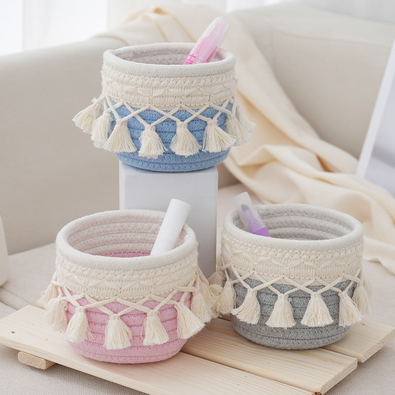 Retro Tassel Cotton Rope Storage Basket – Creative Desktop Organizer & Pen Holder