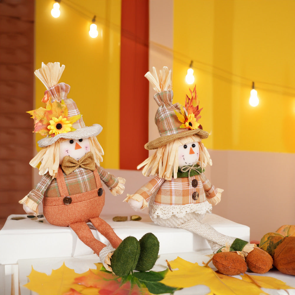 Harvest Scarecrow Doll – Long-Legged Fall Ornament with Sunflower & Maple Leaf