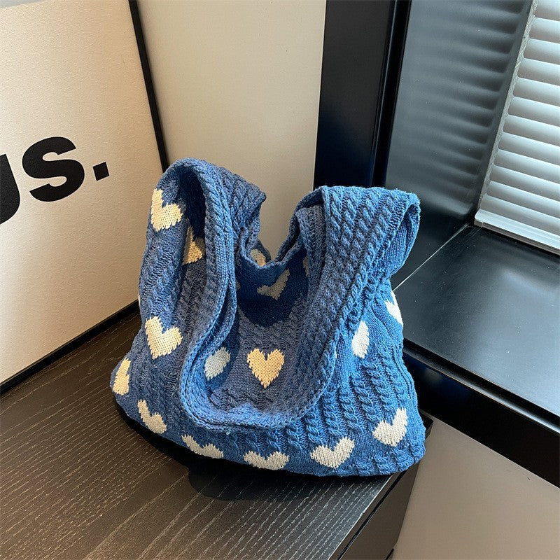 Handmade Knitted Underarm Bag – Summer Wool Shoulder Bag with Heart Design