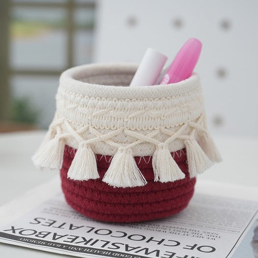 Retro Tassel Cotton Rope Storage Basket – Creative Desktop Organizer & Pen Holder