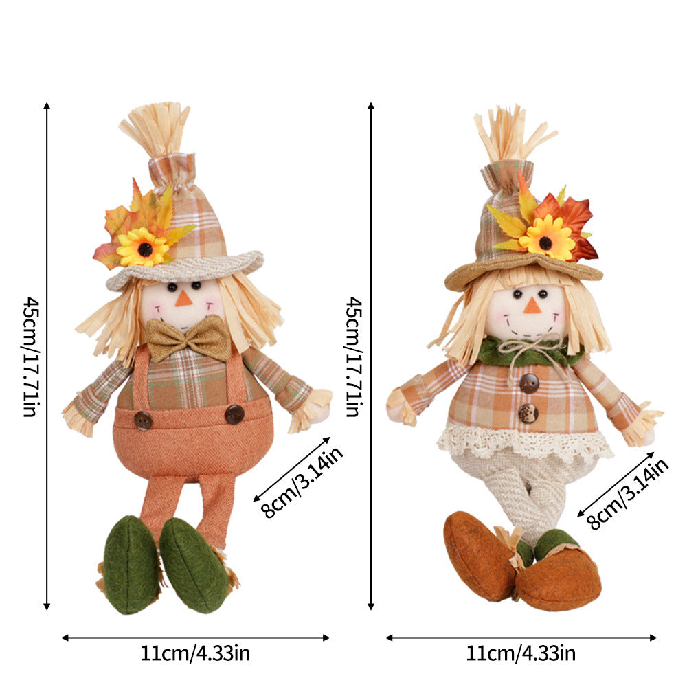 Harvest Scarecrow Doll – Long-Legged Fall Ornament with Sunflower & Maple Leaf