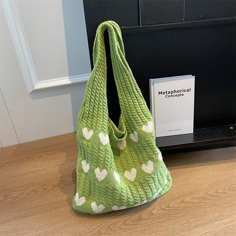 Handmade Knitted Underarm Bag – Summer Wool Shoulder Bag with Heart Design