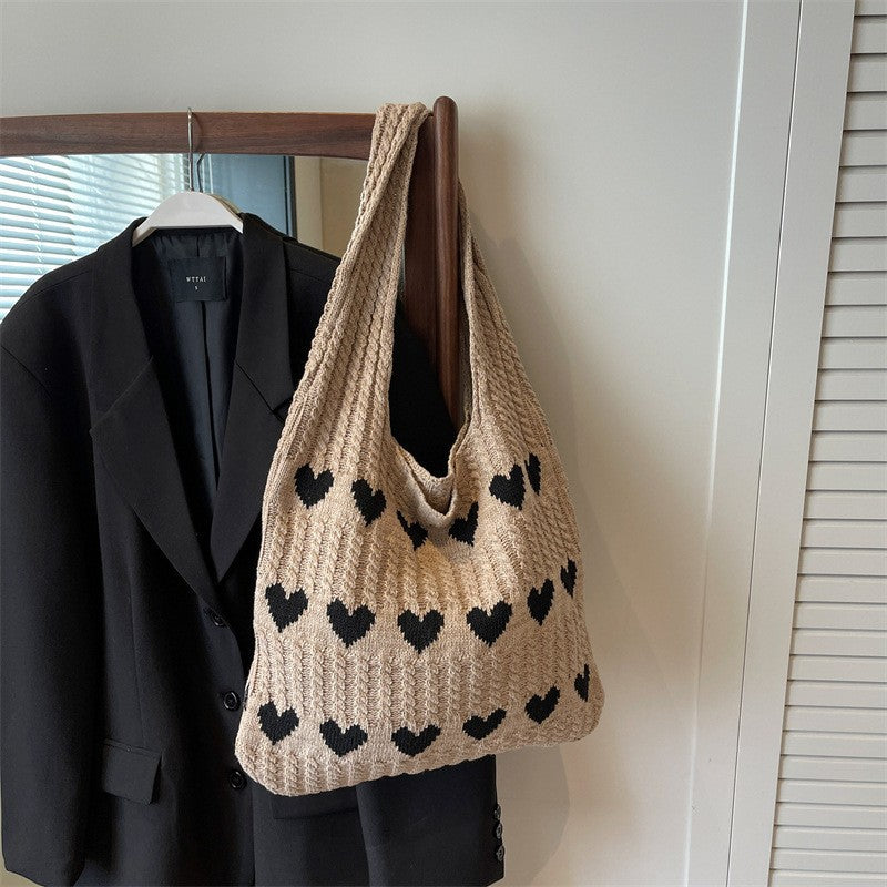 Handmade Knitted Underarm Bag – Summer Wool Shoulder Bag with Heart Design
