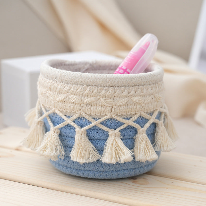Retro Tassel Cotton Rope Storage Basket – Creative Desktop Organizer & Pen Holder