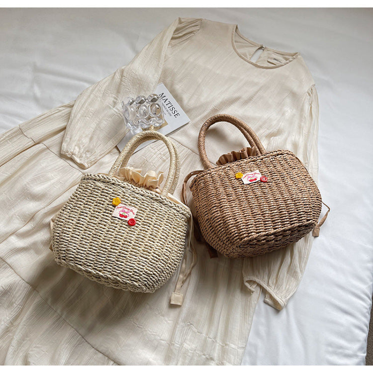 Hand-Woven Straw Beach Bag – Holiday Drawstring Casual Handbag for Women