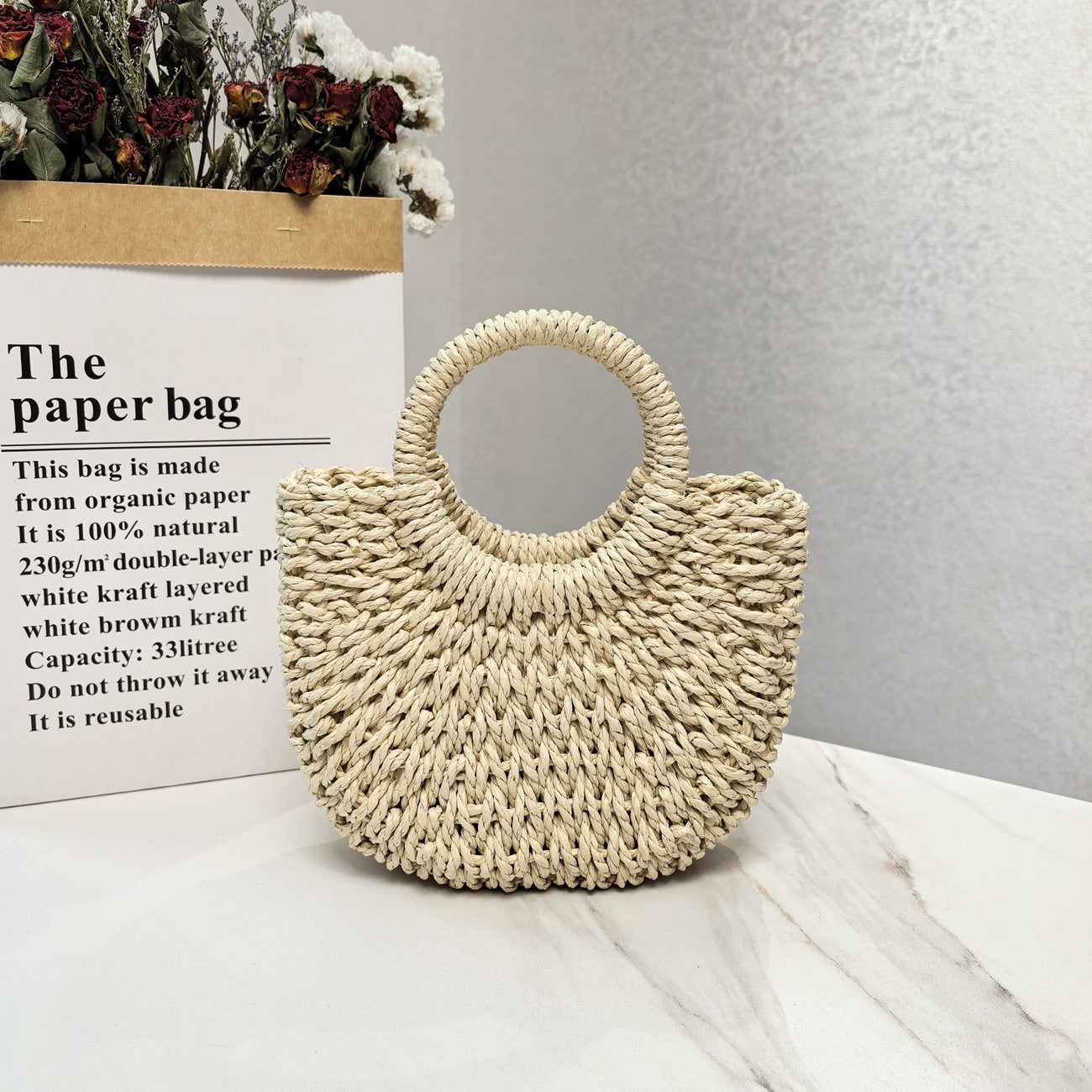 Handmade Straw Shoulder Bag – Solid Color Casual Handbag for Women