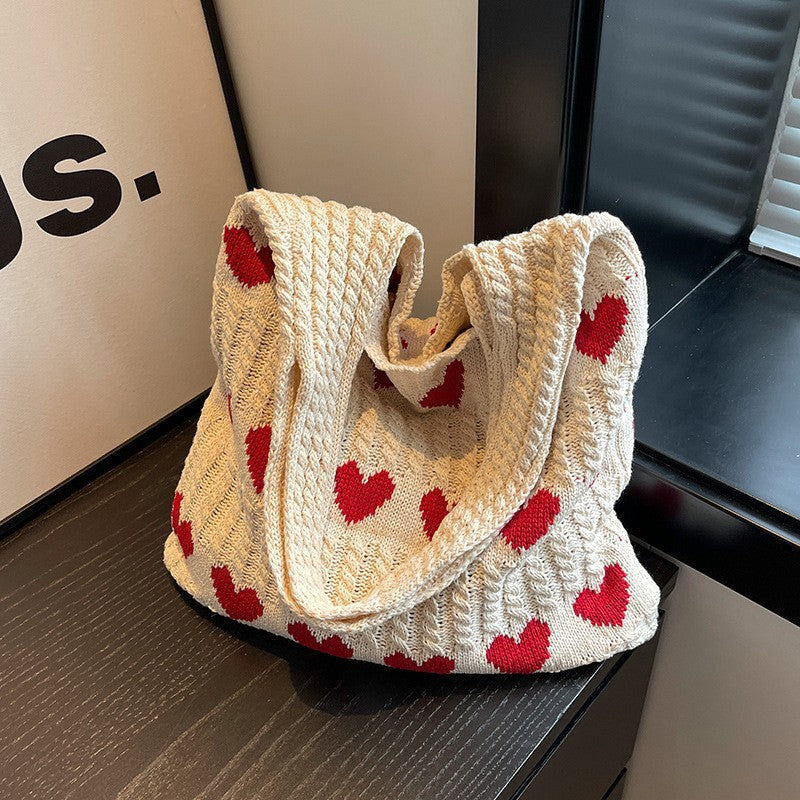 Handmade Knitted Underarm Bag – Summer Wool Shoulder Bag with Heart Design