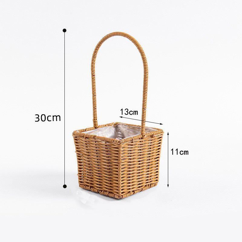 Hand-Woven Retro Flower Basket - Portable Picnic Storage Basket with Iron Frame for Flowers & Green Plants