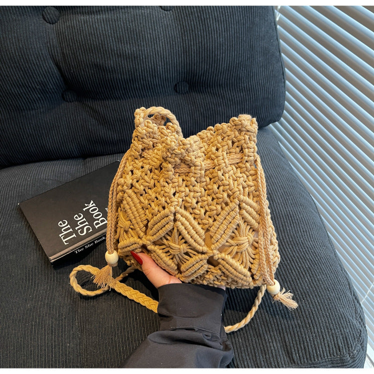 Handmade Woven Bucket Bag – Summer Beach Bag for Women in Forest & INS Style