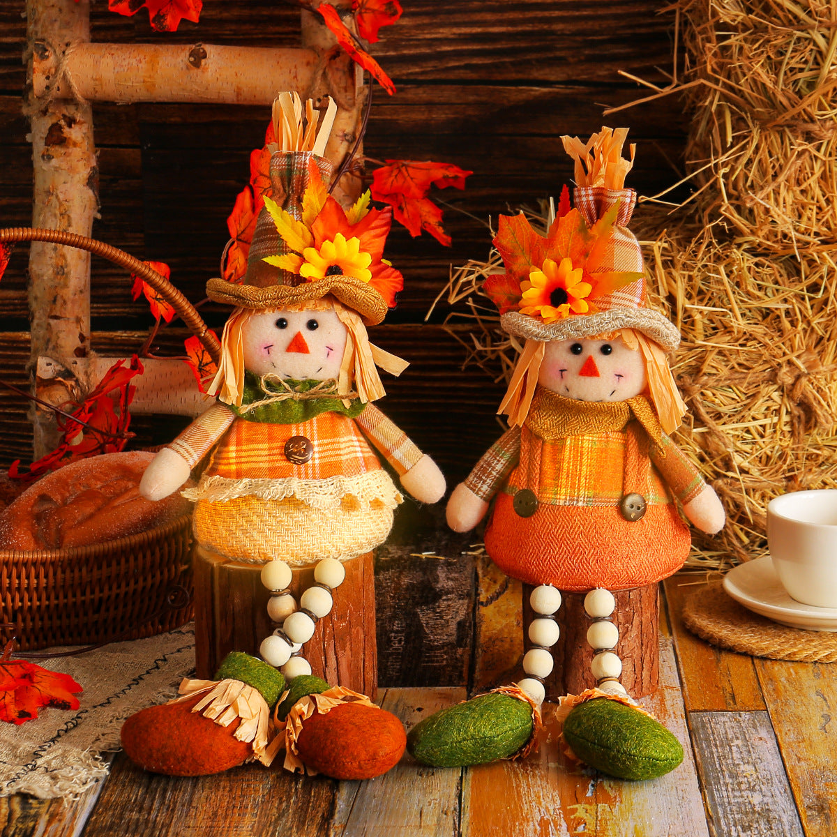 Scarecrow Doll Series Ornaments – Harvest Season Gnome & Dwarf Decorations with Maple Leaf & Straw Hat